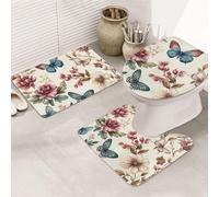 Vintage Butterfly Flower Bathroom Rugs Sets 3 Piece, Soft Absorbent Memory Foam Bath Mats And U Shaped Contour Toilet Rug, Home Decoration, Quick Dry