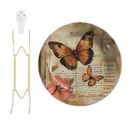 Vintage Butterfly Melamine Wall Plate with Gold Stand Botanical Decor 10.6" | Retro Decorative Round Plate for Kitchen Tabletop Home Wall Decor