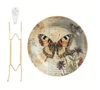 Vintage Butterfly Melamine Wall Plate with Gold Stand Botanical Decor 10.6" | Retro Decorative Round Plate for Kitchen Tabletop Home Wall Decor