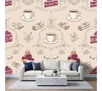 Vintage Café 3D Effect Photo Mural 200W x 140H cm, Premium Rustic Dining Gourmet Coffee Cup Botanical Non-Woven Mural Wallpaper for Lounge Playroom Bedroom Nursery - Light Beige Wall Art Decor