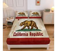 Vintage California Flag Fitted Sheet King 150×200 Cm, Beige Brown Deep Pocket 30Cm Bottom Sheet - Easy Care, Animal Print Soft Brushed Microfibre Fabric, Fade Resistant