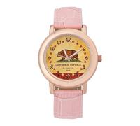 Vintage California Republic Women's Leather Watch Easy Reader Minimalist Wristwatch Pink Rose Gold Strap Watches