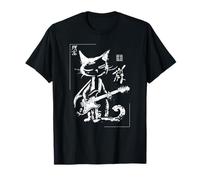 Vintage Calligraphic Framed Guitar Cat Japanese Musician Art T-Shirt