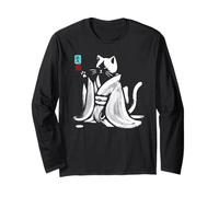 Vintage Calligraphic Kimono Cat Drinking Tea Japan Art Long Sleeve T-Shirt