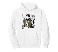 Vintage Calligraphic Kimono Cat Drinking Tea Japan Art Pullover Hoodie