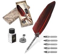 Vintage Calligraphy Quill Pen Set with 5 Spare Tips, Red Feather Writing Instrument, European Style Base Stand, Birthday Gift