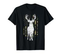 Vintage Camo Deer Hunting American Flag Forest Antlers Buck T-Shirt