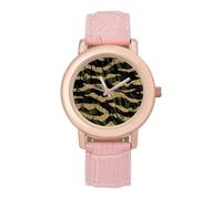 Vintage Camouflage Green Stripe Women’s Watch Quartz Wristwatch Analog with Leather Strap for Office