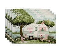 Vintage Camp Trailer Placemats, Pastel Green Caravan Table Mats for Spring Summer, Charming Rustic Decoration for Dining Room, Non-Slip Washable Indoor Outdoor Use Set of 4