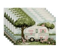 Vintage Camp Trailer Placemats, Pastel Green Caravan Table Mats for Spring Summer, Charming Rustic Decoration for Dining Room, Non-Slip Washable Indoor Outdoor Use Set of 6