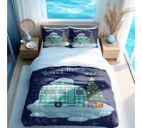 Vintage Camper and Pine Forest Duvet Cover, Cozy Christmas Themed Bedding for Double Bedroom (02,King + 50x75cm x2)