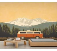 Vintage Camper Wall Mural Highway Landscape Wallpaper Green Pine Forest Mural Snow Mountain Scenery Murals Nature Wall Sticker for Living Room Murals Not Peel and Stick 500 x 317 cm