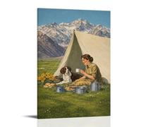 Vintage Camping Woman With Dog Mountain Landscape Poster