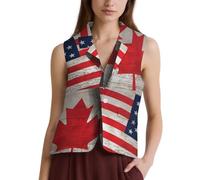 Vintage Canadian Us Flag Formal Waistcoat for Women V Neck Sleeveless Suit Vest Business Casual