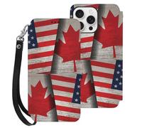 Vintage Canadian Us Flag Printed Wallet Phone Case Slim Cute Cellphone Protective Cover Hanging Rope Unisex Compatible with iPhone 16/16 Plus/16 Pro/16 Pro Max/16 E
