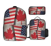 Vintage Canadian Us Flag Trendy Backpack Set for Unisex Lightweight 17inch Daypack with Lunch Bag And Pencil Case 3pcs