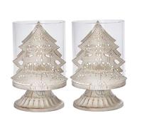 Vintage Candle Holders - Distressed Hurricane Pillar Candlesticks for Christmas Table, Mantel & Fireplace Decor - Available in 4 Designs, Set of 2 Metal Candle Holders - (Tree)