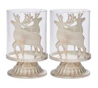 Vintage Candle Holders - Distressed Hurricane Pillar Candlesticks for Christmas Table, Mantel & Fireplace Decor - Available in 4 Designs, Set of 2 Metal Candle Holders - (Deer)
