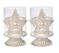 Vintage Candle Holders - Distressed Hurricane Pillar Candlesticks for Christmas Table, Mantel & Fireplace Decor - Available in 4 Designs, Set of 2 Metal Candle Holders - (Star)