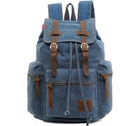 Vintage Canvas Leather Backpack HuaChen-AUGUR Hiking Daypacks Computers Laptop School Bag Shoulder Backpacks Unisex Casual Rucksack Satchel Bookbag Mountaineering Bag for Men Women (Blue)