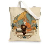 Vintage Canvas Tote Bags, Artistic Fox and Gramophone Design Reusable Grocery Bags, Lightweight Washable Shoulder Strap Canvas Bags for Gym Outdoor Travel Beach Picnic 13x15 Inch