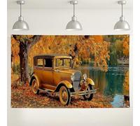 Vintage Car Backdrop, Autumn Leaves Scenic Photography Background, Classic Yellow Vehicle Nature Scene for Party Photo Booth Decorations, Fall Outdoor Events 71x43 Inch