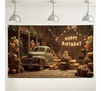 Vintage Car Birthday Backdrop, Rustic Autumn Party Decorations, Happy Birthday Photo Background for Fall Celebration, Festive Fall Season Decor 71x43 Inch