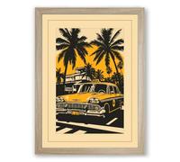 Vintage Car Under Palms Retro Framed Wall Art Print A2 (59.4×42cm) Oak, Wall Decor for Living Room, Bedroom, Office & Home, Ready to Hang, Art Gift