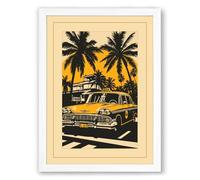 Vintage Car Under Palms Retro Framed Wall Art Print A4 (29.7×21cm) White, Wall Decor for Living Room, Bedroom, Office & Home, Ready to Hang, Art Gift