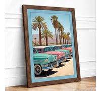 Vintage Cars in Desert Palms Retro Framed Wall Art Print A2 Walnut