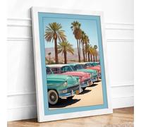Vintage Cars in Desert Palms Retro Framed Wall Art Print A3 White