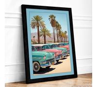 Vintage Cars in Desert Palms Retro Framed Wall Art Print A4 Black