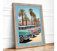 Vintage Cars in Desert Palms Retro Framed Wall Art Print A4 Oak