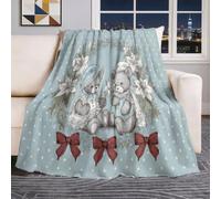 Vintage Cartoon Lightweight Comfortable Blanket, Animals Teddy Bear Flowers Pattern Machine Washable Throw Blanket, Red Blue Soft Flannel Throw for Bedroom Couch Sofa Office and Travel, 150 x 200 cm