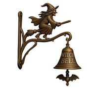 Vintage Cast Iron Witch Bell, Bronze, Halloween Decorative Wall Mount with Cauldron Design, Bat Charm, Gothic Home Decor (A)