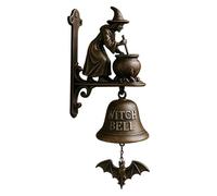 Vintage Cast Iron Witch Bell, Bronze, Halloween Decorative Wall Mount with Cauldron Design, Bat Charm, Gothic Home Decor (B)