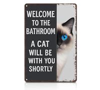 Vintage Cat Bathroom Metal Signs - "Welcome To The Bathroom A Cat Will Be With You Shortly", Funny Bathroom Signs, Retro Wall Decor for Home Restroom Washroom Toilet 8x12 Inch