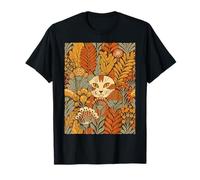 Vintage Cat Botanical Floral Leaves Cottagecore Autumn Retro T-Shirt