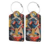 Vintage Cat Eating Ramen Luggage Tag for Suitcase 2 Pack Leather Luggage Tag with Privacy Flap Name Id Label and Metal Loop for Women Men Travel