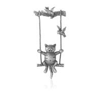 Vintage Cat on Swing Brooch, Silver Tone Animal Brooch with Birds, Unique Cat Lapel Pin for Outfits, 8.4x3.9cm, 16.3g