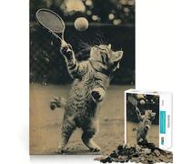 Vintage Cat Play Tennis 1000 Piece Adult Puzzles Logic Puzzle Play Precision Cut Smooth Edges for Family Gatherings (38x52cm)