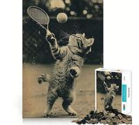 Vintage Cat Play Tennis Jigsaw for Adults1000 Pieces Brain Focus Game Precision Cut Smooth Edges Amusing Challenge for Waiting Time (38x26cm)