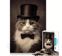 Vintage Cat Tophat Bowtie Jigsaw Puzzles 1000 Mental Focus Game Precision Cut Smooth Edges Meaningful Connection Building Game (50x75cm)