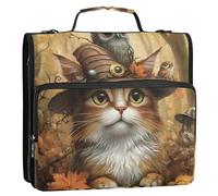 Vintage Cat Witch Hat Fall Leaves 1 1/2 Inch 3 D-Ring Binder Zipper Organizer with Strap for School Storage Folder with Handle