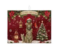 Vintage Cats Dish Drying Mats for Kitchen Counter, Festive Red Absorbent Dish Rack Mat, Medieval Microfiber Drying Pad for Holiday Use 18x24 Inch