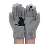 Vintage Cats Themed Winter Glove, Thermal Gloves Womens Unisex Windproof Touch Screen Cartoon Cat Birds Print Mittens Mens Stretch Knitted Outdoor Working Cycling Running Bike Ski Glove Grey