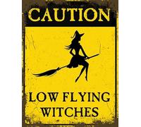 Vintage Caution Low Flying Witches - Rustic Halloween Sign - Funny Halloween Party Decor Yard Sign, Sturdy Aluminum Plaque Home Garden Outdoor Decorations 20x30 CM