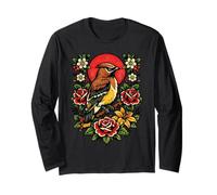 Vintage Cedar Waxwing Bird Tattoo Style Birdwatching Design Long Sleeve T-Shirt
