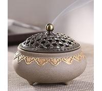 Vintage Ceramic Incense Burner Incense Holder Round Chinese Porcelain Incense Bowl with Metal Lid and Fireproof for Home Living Room Meditation Room Office