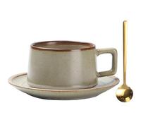 Vintage Ceramic Tea Cup and Saucer Set with Spoon, 7 oz Retro Porcelain Coffee Mug (Putty Grey)